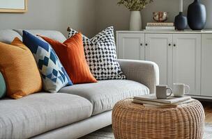 Cozy living room with colorful cushions and rustic coffee table during afternoon light photo