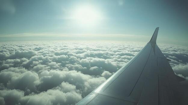 Aerial view of a plane wing above fluffy clouds at sunset during a scenic flight photo