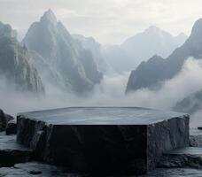 Mysterious platform amid majestic mountains and foggy landscape at dawn photo