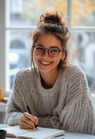 Young woman in cozy sweater writing in notebook by sunny window in a coffee shop photo