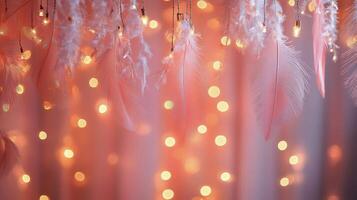 Delightful soft feathers hanging above warm twinkling lights in a cozy indoor space photo