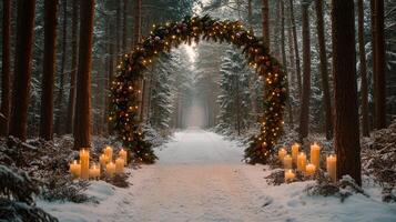 Winter wedding archway adorned with pinecones and greenery in a snowy forest pathway photo