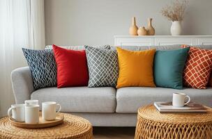 Cozy living room with colorful cushions and rustic coffee table during afternoon light photo