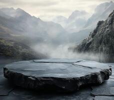 Mysterious platform amid majestic mountains and foggy landscape at dawn photo