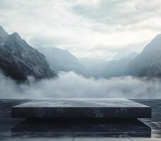 Mysterious platform amid majestic mountains and foggy landscape at dawn photo