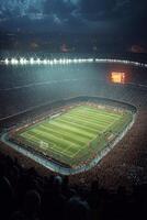 Exciting Champions League match in a packed stadium at sunset with dramatic clouds above photo