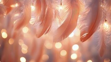 Delightful soft feathers hanging above warm twinkling lights in a cozy indoor space photo