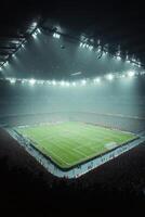 Exciting Champions League match in a packed stadium at sunset with dramatic clouds above photo