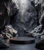 A dark, rocky canyon with a circular platform at the center illuminated by ambient light photo