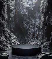 A dark, rocky canyon with a circular platform at the center illuminated by ambient light photo