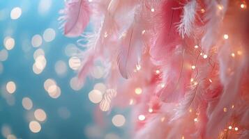 Delightful soft feathers hanging above warm twinkling lights in a cozy indoor space photo