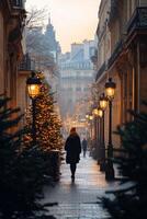 Winter walk through a snowy Parisian alley with festive decorations and warm street lamps photo