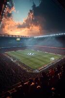 Exciting Champions League match in a packed stadium at sunset with dramatic clouds above photo