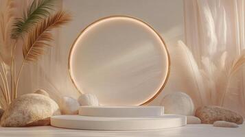A minimalist studio setting features a circular golden frame illuminated by soft light photo