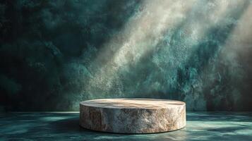 Minimalistic round stone pedestal in a dimly lit space with textured green walls and shadow play photo