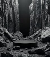 A dark, rocky canyon with a circular platform at the center illuminated by ambient light photo
