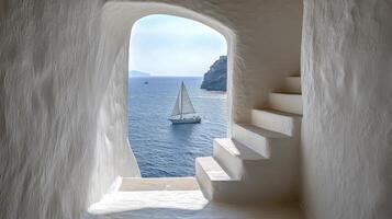 Stunning coastal view from an elegant staircase overlooking sailboats in the tranquil sea photo