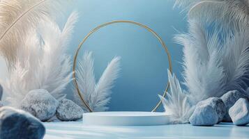 A minimalist studio setting features a circular golden frame illuminated by soft light photo