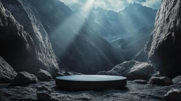 Mysterious circular platform in a shadowy cave illuminated by beams of light at dusk photo