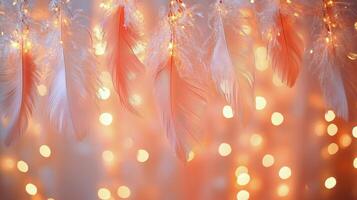 Delightful soft feathers hanging above warm twinkling lights in a cozy indoor space photo