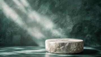 Minimalistic round stone pedestal in a dimly lit space with textured green walls and shadow play photo