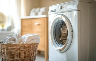 A spacious laundry room featuring a modern washing machine with a basket filled with fresh linens photo