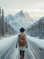 Person with a backpack walking on a snowy road surrounded by mountains in winter photo