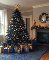 Elegant Christmas tree adorned with golden ornaments and presents in a cozy festive living room photo