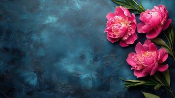 Colorful peonies arranged beautifully on a teal background for a floral display in spring photo
