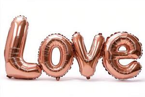 Shiny rose gold balloons spelling love arranged for a celebration or special occasion photo