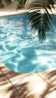 Tranquil sunlight reflecting on clear pool water beside a serene stone patio with palm leaves photo