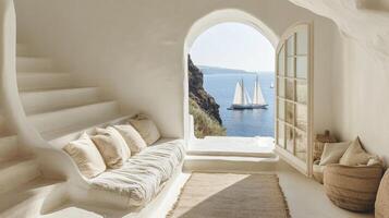 Stunning coastal view from an elegant staircase overlooking sailboats in the tranquil sea photo