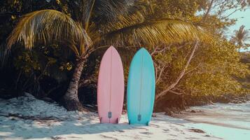 Colorful surfboards lined up on a sunny beach with palm trees and ocean waves in the background photo