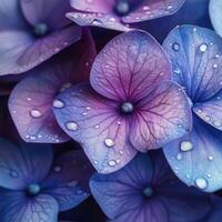 Beautiful close up of vibrant purple and blue hydrangea flowers in full bloom during spring photo