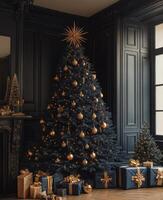 Elegant Christmas tree adorned with golden ornaments and presents in a cozy festive living room photo