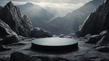 Mysterious circular platform in a shadowy cave illuminated by beams of light at dusk photo