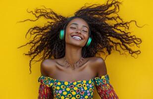 Young woman enjoying music with headphones while smiling against a vibrant yellow background photo
