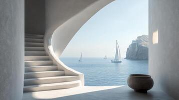 Stunning coastal view from an elegant staircase overlooking sailboats in the tranquil sea photo