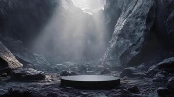 Mysterious circular platform in a shadowy cave illuminated by beams of light at dusk photo
