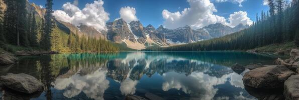 Tranquil mountain lake reflecting peaks and sky in a stunning natural landscape setting photo