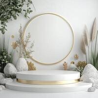 A stylish display with a circular mirror and elegant greenery in a bright space photo