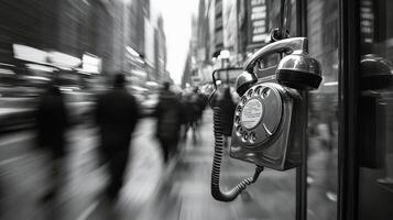 A vintage payphone stands on a busy street while pedestrians pass by in a bustling city atmosphere photo