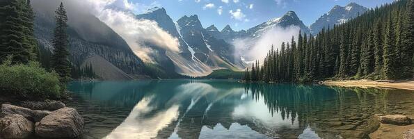 Tranquil mountain lake reflecting peaks and sky in a stunning natural landscape setting photo