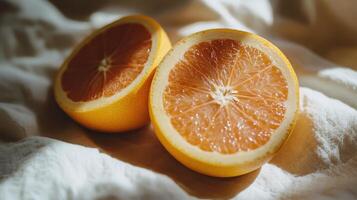 Freshly cut yellow grapefruit halves resting on a natural fabric background in warm sunlight photo
