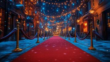 Vibrant nighttime red carpet event with illuminated buildings and festive lights in a city setting photo