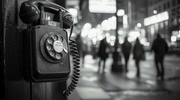 A vintage payphone stands in a bustling city street during a rainy evening photo