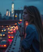 Young woman enjoying the evening view of the Brooklyn Bridge while holding a phone photo