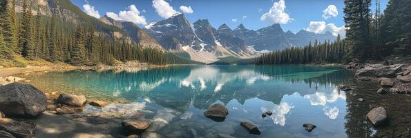 Tranquil mountain lake reflecting peaks and sky in a stunning natural landscape setting photo