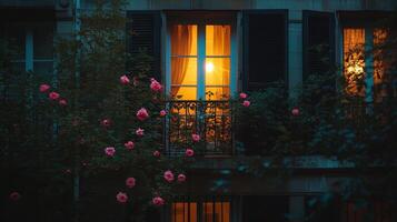 A silhouette of a woman standing on a balcony adorned with blooming roses at dusk photo