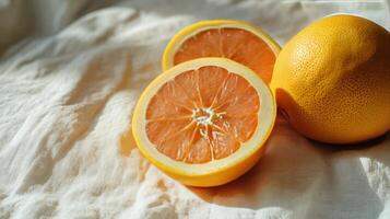 Freshly cut yellow grapefruit halves resting on a natural fabric background in warm sunlight photo